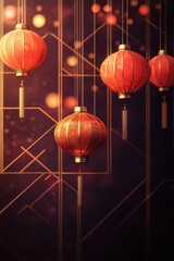 Stylized lanterns hanging on elegant geometric grids, festive Asianinspired background