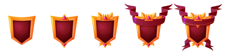 Gold game rank icon for level medal vector set. Achievement shield badge for insignia trophy and award in fantasy rpg play. Winner reward button with red magic gem. Medieval banner progress kit