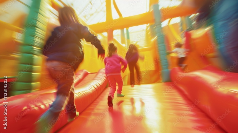 Poster hazy figures of children bouncing sliding and having a blast in the indoor playground.
