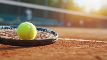 A tennis racket and ball on a clay court, with an empty banner space above, ready for sports event information, creating a professional and dynamic sports shot