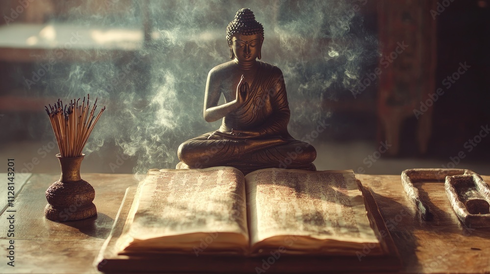 Poster A tranquil display of an open Tripitaka manuscript with ancient Pali text, paired with a Buddha statue and incense, embodying spiritual serenity and reflection