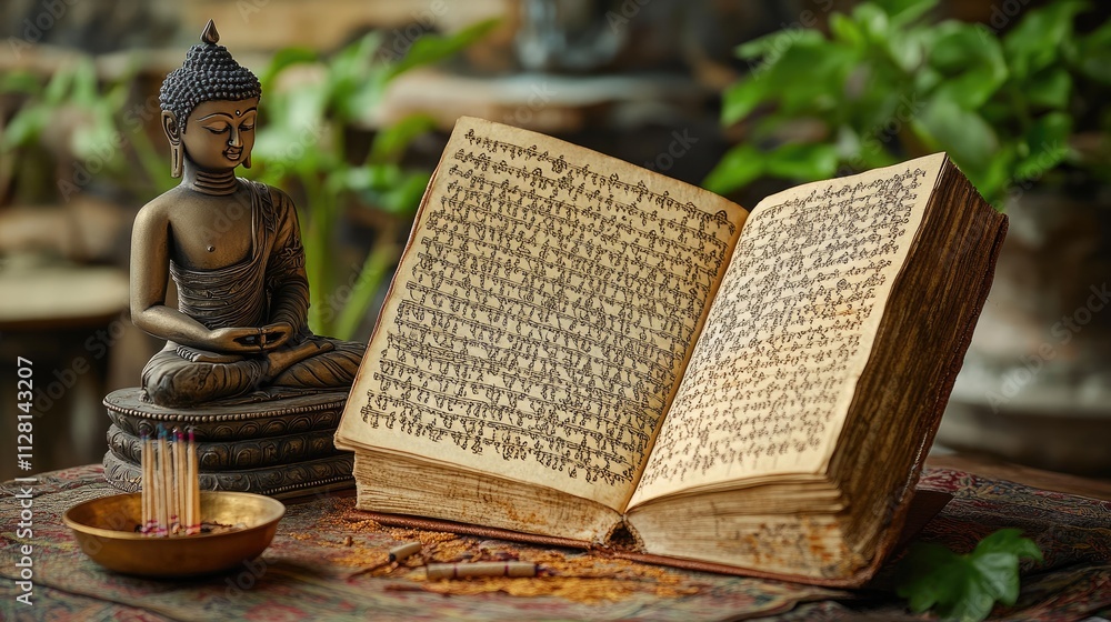 Poster A tranquil display of an open Tripitaka manuscript with ancient Pali text, paired with a Buddha statue and incense, embodying spiritual serenity and reflection