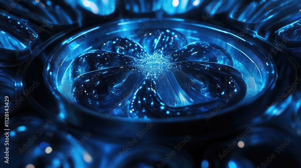 Poster A vibrant, blue digital technology core with interconnected nodes and flowing data, representing the future of technology and artificial intelligence systems