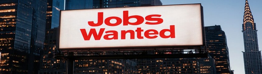 Urban Skyline Featuring Jobs Wanted Billboard Amid Economic Hardship and Visual Plea for Employment Opportunities