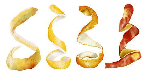 Fruit peel. Peeling apple, lemon, orange and tangerine. Set of food waste. Orange, yellow and crucian fruit peel. Watercolor illustration isolated from background