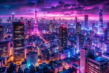 Obraz premium A captivating anime and manga-inspired illustration of Tokyo city at night, showcasing vivid magenta and purple hues with a neon aesthetic, highlighting urban beauty and bustling city views