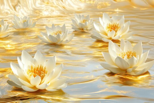 Golden lotus flowers floating on rippling water, seamless holidayinspired background