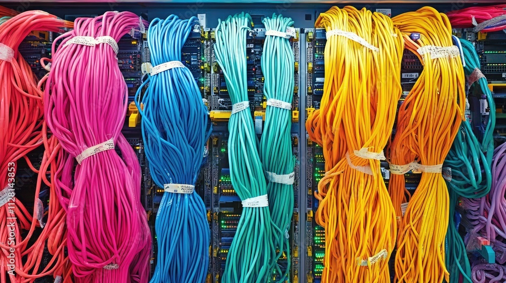Poster A well-organized rack of computer switches and network cables in a data center, highlighting the importance of infrastructure for IT systems