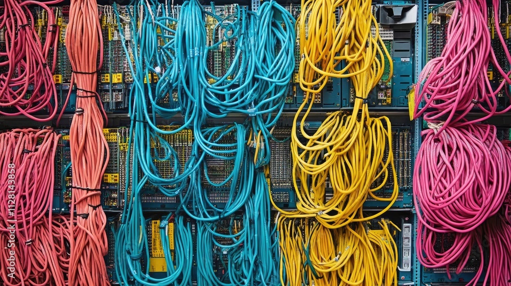 Poster A well-organized rack of computer switches and network cables in a data center, highlighting the importance of infrastructure for IT systems