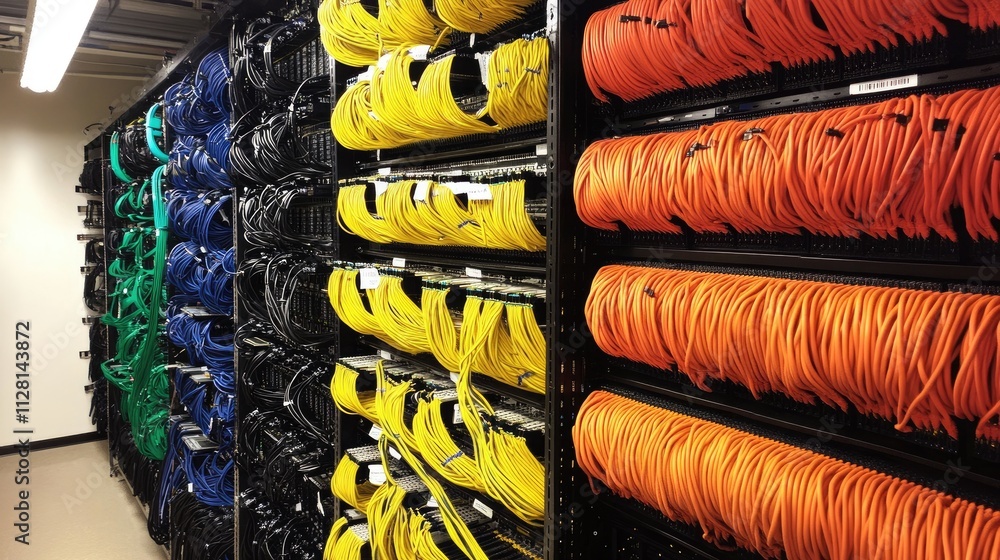 Poster A well-organized rack of computer switches and network cables in a data center, highlighting the importance of infrastructure for IT systems