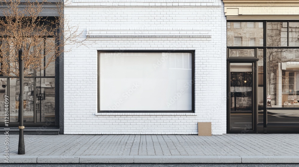 Fototapete a white brick building with an empty shop window, waiting for customization, set on a quiet street w