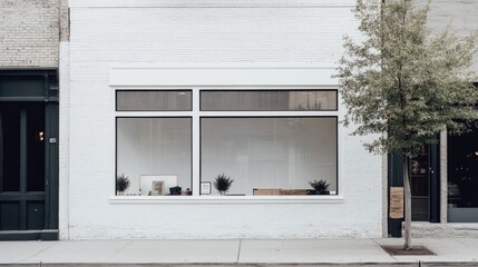 A white brick building with a vacant shop window, surrounded by a well-kept sidewalk, providing a neutral space for business branding or marketing