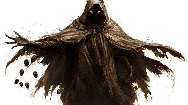 Ghostly hunter in a tattered cloak, adorned with eerie halloween masks, dark fantasy style, hauntingly detailed, glowing accents, isolated on white background. Phantom. Illustration