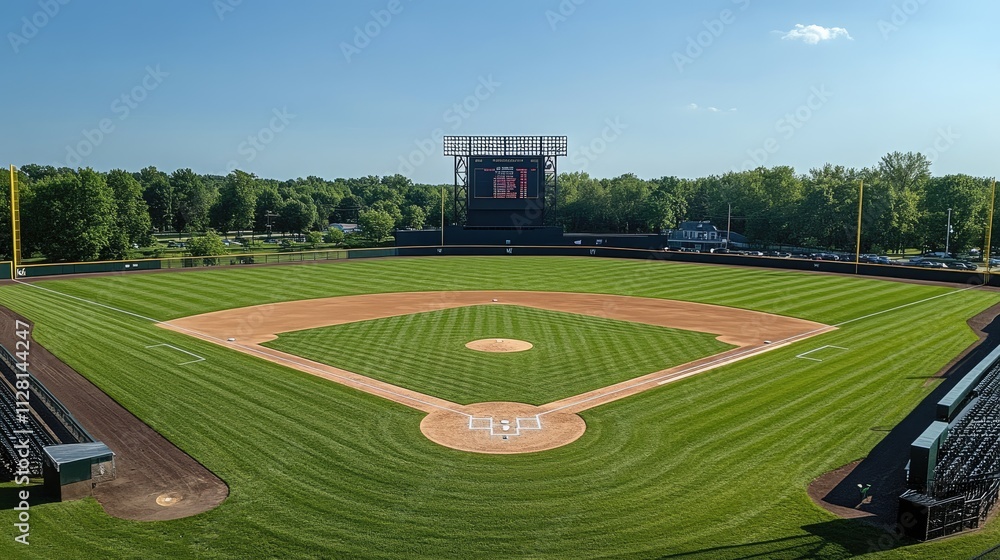 Aufkleber A wide view of an empty baseball stadium with a perfectly maintained field and large scoreboard, capturing the grandeur and stillness of the stadium