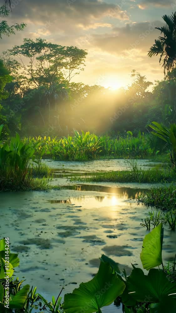 Poster Sunlight filters through trees reflecting on a serene wetland at dawn surrounded by lush greenery