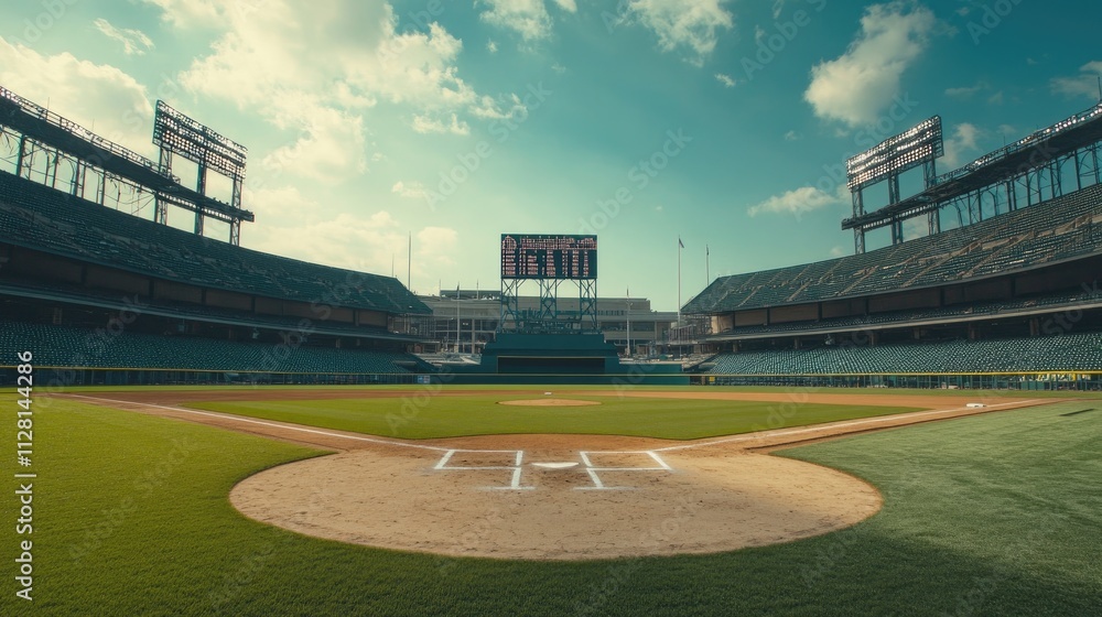 Poster A wide view of an empty baseball stadium with a perfectly maintained field and large scoreboard, capturing the grandeur and stillness of the stadium