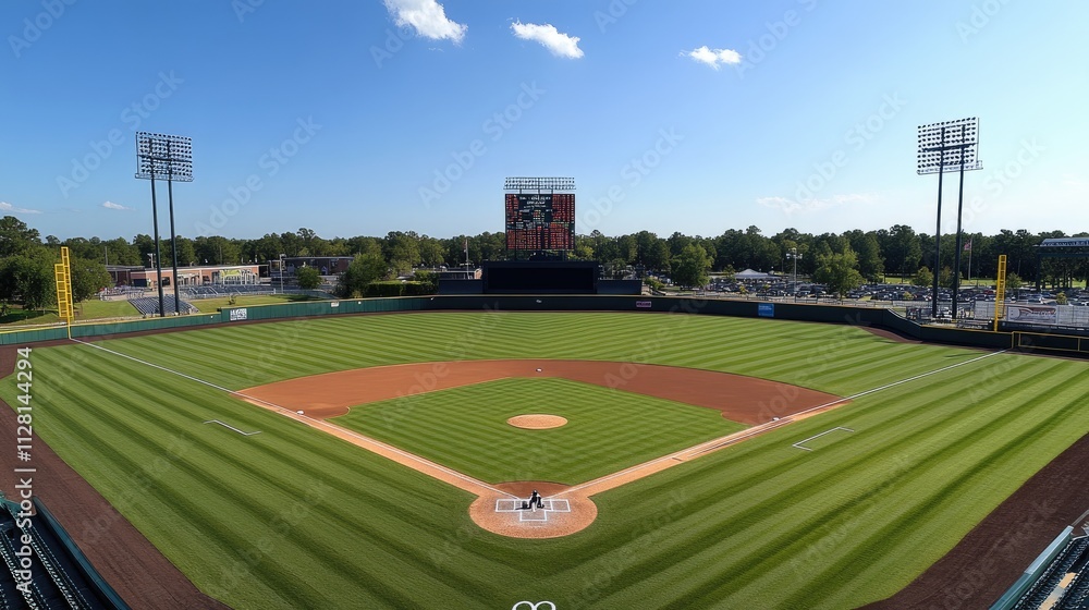 Poster A wide view of an empty baseball stadium with a perfectly maintained field and large scoreboard, capturing the grandeur and stillness of the stadium