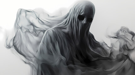 Fototapeta premium Grey faceless ghost with billowing sheets on white background. Phantom. Illustration