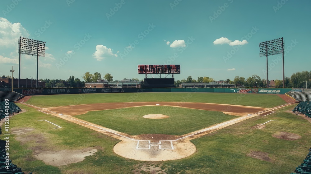 Poster an expansive view of an empty baseball stadium, with a clean field and prominent scoreboard, offerin