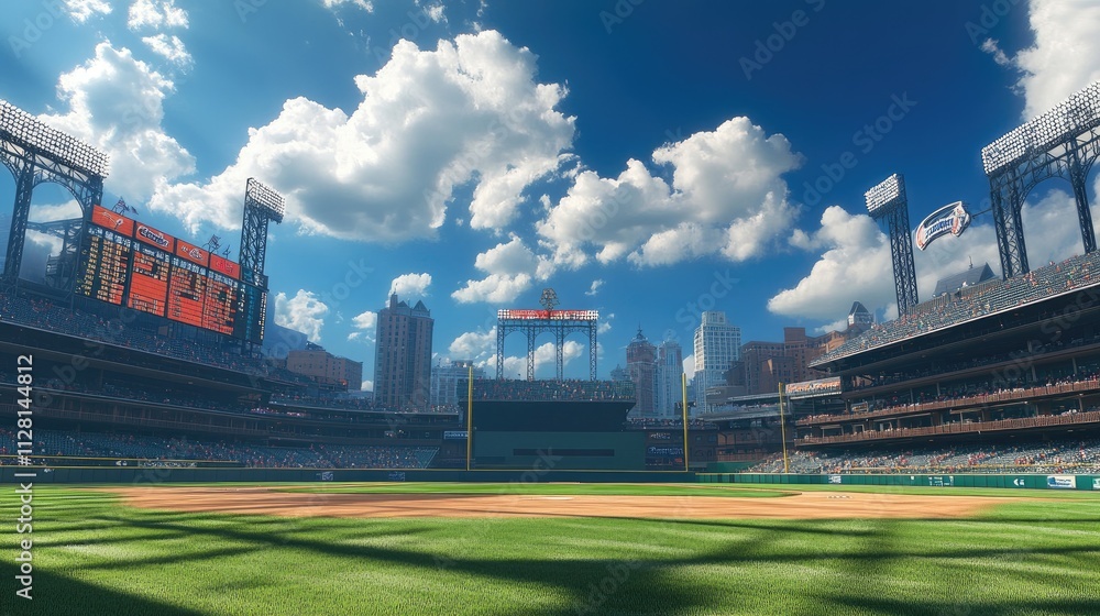 Poster an expansive view of an empty baseball stadium, with a clean field and prominent scoreboard, offerin