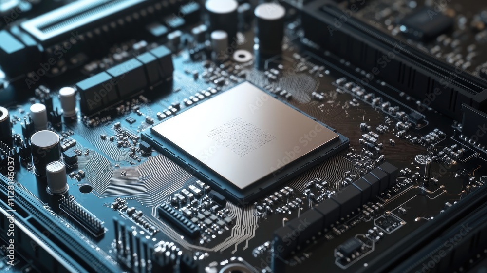 Poster Close-up of an electronic chip and CPU from a disassembled mobile phone, showcasing intricate components and processor details