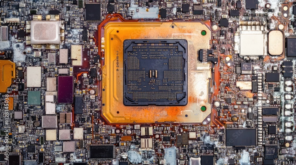 Poster Close-up of an electronic chip and CPU from a disassembled mobile phone, showcasing intricate components and processor details