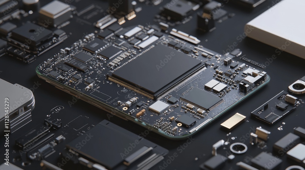 Poster detailed 3d render of a disassembled mobile phone's electronic chip and cpu, highlighting the intern
