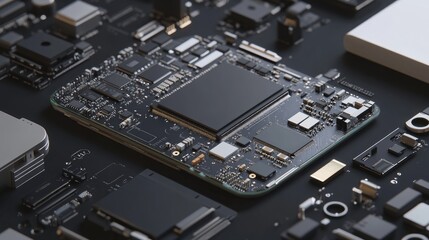 Fototapeta premium Detailed 3D render of a disassembled mobile phone's electronic chip and CPU, highlighting the internal technology and components