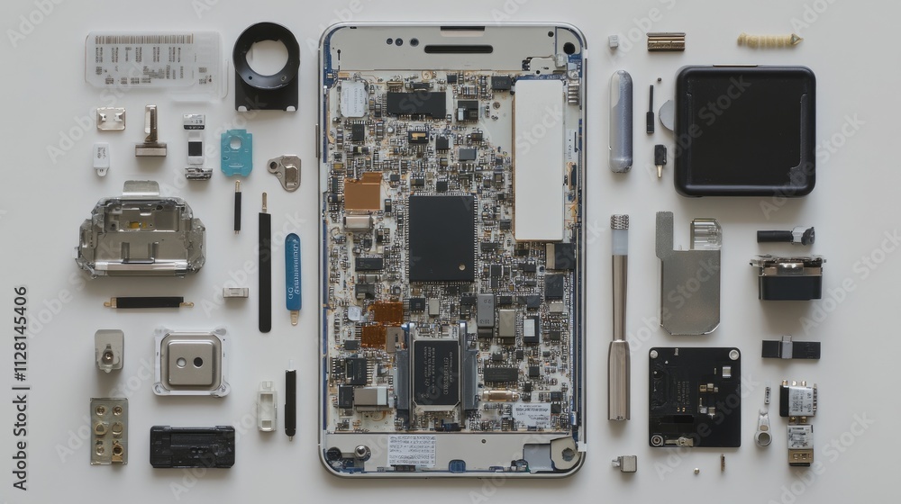 Poster disassembled mobile phone with a focus on the electronic chip and cpu, showcasing key components for