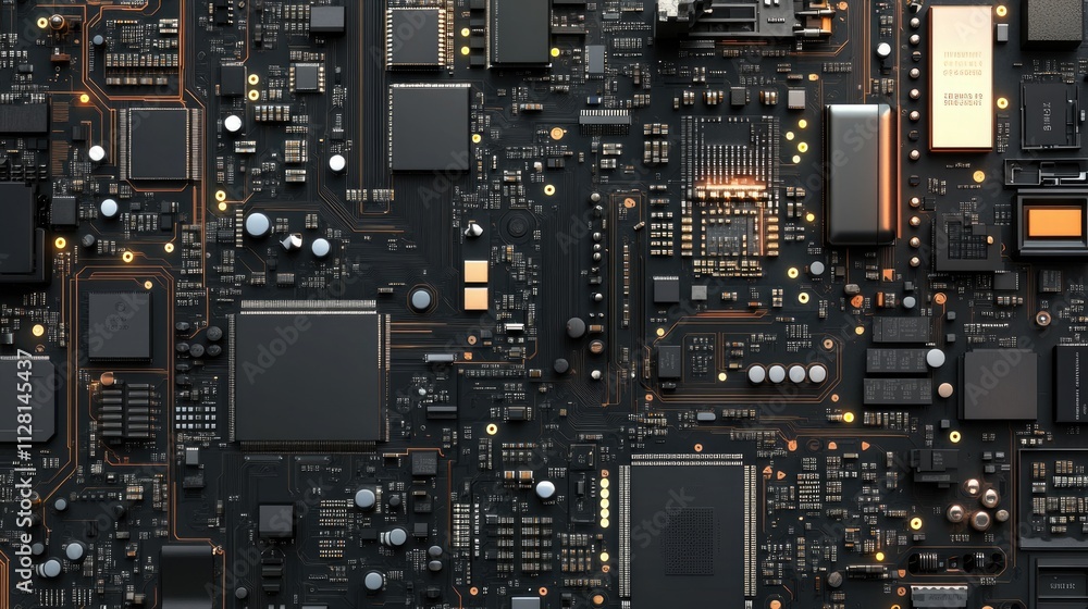 Poster Electronic chip and mobile phone CPU parts with visible components, ideal for tech maintenance, repair, and technology banners