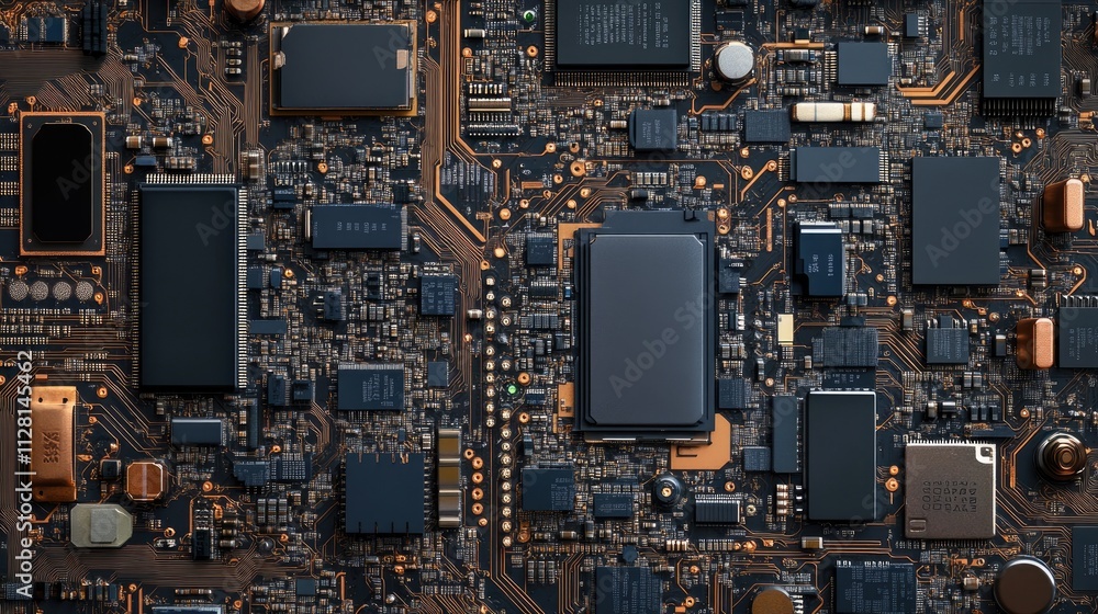 Poster Electronic chip and mobile phone CPU parts with visible components, ideal for tech maintenance, repair, and technology banners