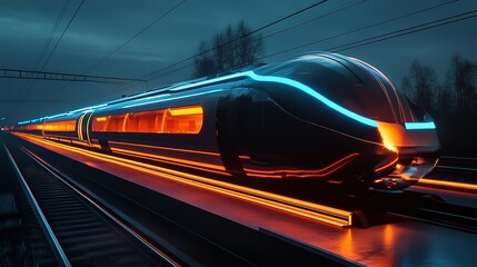 Naklejka premium Futuristic train, motion blur, neon lights, technology, fast transportation, 8k Resolution