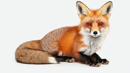 Obraz premium A striking red fox rests gracefully, showcasing its vibrant orange fur and bushy tail against a clean, white background.