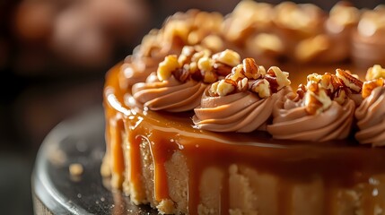 Close-up of a delicious caramel tart topped with toasted pecans, ready to serve, showcasing its decadent layers and inviting appearance