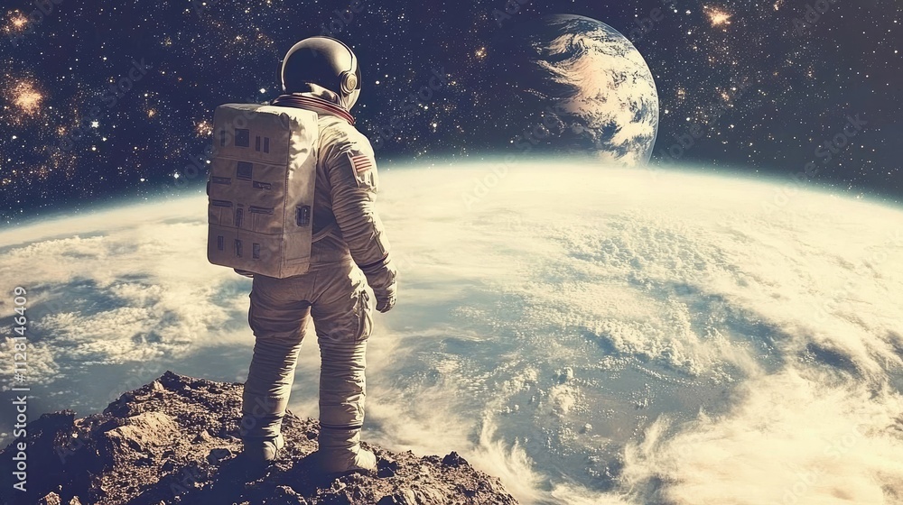 Poster two astronauts holding hands in the infinite expanse of space, with earth visible in the distance, i
