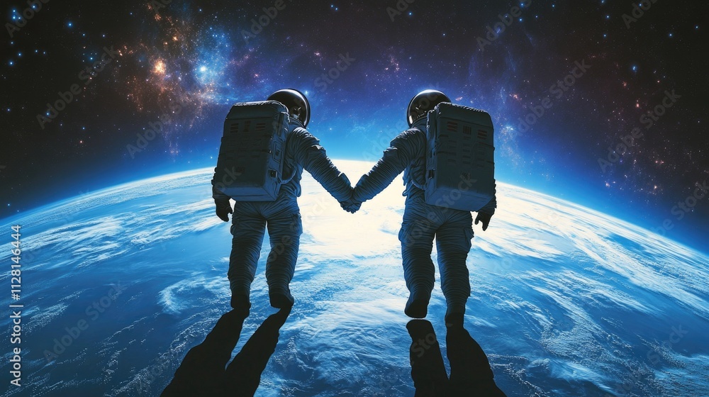 Poster two astronauts holding hands in the infinite expanse of space, with earth visible in the distance, i