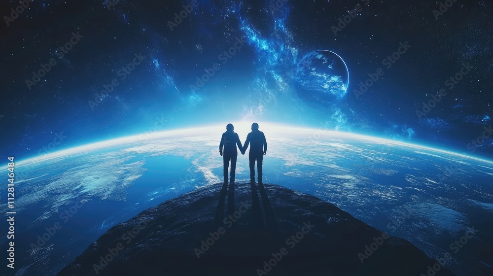 Poster two astronauts holding hands in the infinite expanse of space, with earth visible in the distance, i