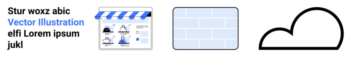 White background with digital storefront, abstract grid, and simplistic cloud icon. Ideal for e-commerce, technology services, cloud computing, website design, online marketplaces, digital marketing