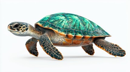 Naklejka premium A vibrant sea turtle swims gracefully, showcasing its colorful shell and intricate patterns against a plain background, isolated on a white background.