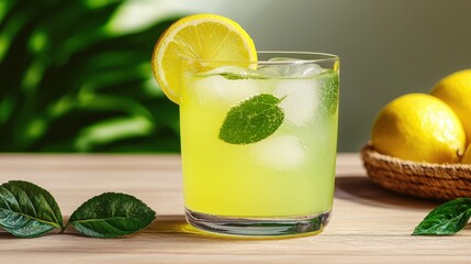 Fototapeta premium A refreshing lemon mint drink garnished with a slice of lemon and fresh mint leaves, served over ice in a clear glass.