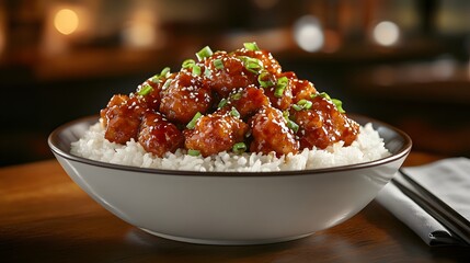A bowl of rice with Korean fried chicken on top, garnish with chopped green onions and orange-colored sesame seeds, presented in an elegant restaurant setting