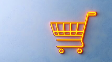 Neon Shopping Cart Icon on Blue Background