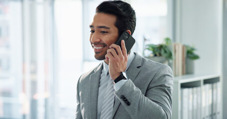 Phone call, talking and happy businessman in office for online meeting, networking and discussion. Corporate worker, professional and person on smartphone for contact, chatting and communication