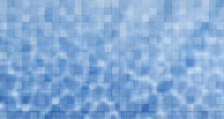 Blue mosaic with square tiles in various shades and water light reflections. Swimming pool wall or floor simple pattern. Bathrooms or kitchens interior backdrop. Indoor ceramic blocks surface.