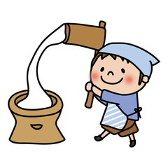 エプロンと三角巾をしてお餅つきをする子供（男の子1）
