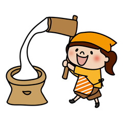 エプロンと三角巾をしてお餅つきをする子供（女の子2）