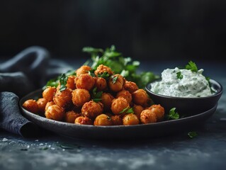 A plate of crispy chickpeas garnished with herbs, served with a yogurt dip.