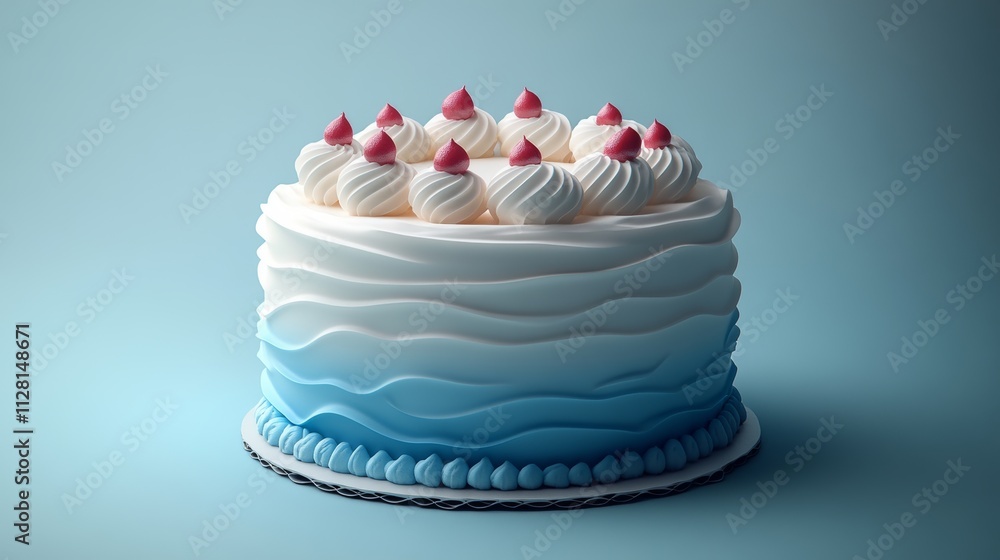 Poster 3d rendering of the white and blue icon of the gradient cake simple background