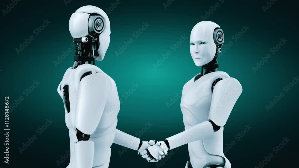 Poster 3d rendering hominoid robot handshake to collaborate future technology development by ai thinking br