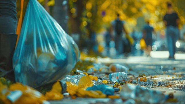 A defocused scene of teamwork as volunteers gather excess trash from the streets.